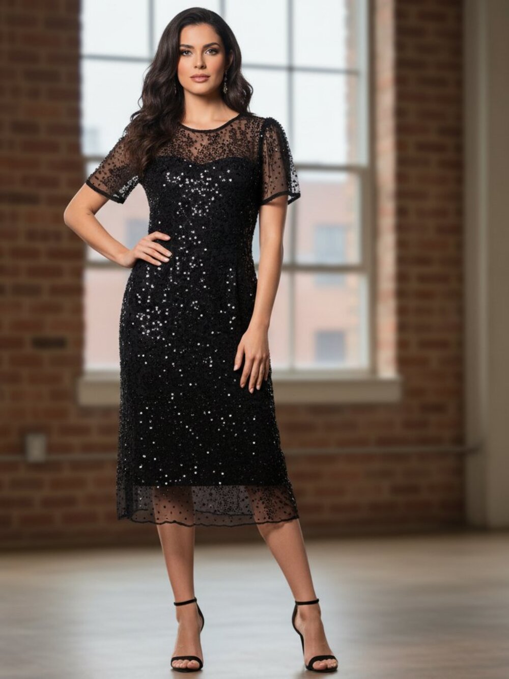 Dress the Population Lia Sequin Illusion Mesh Overlay Midi Dress NWT Black Mediu